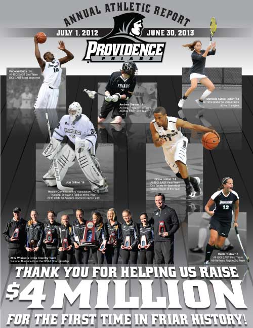 Front cover of annual athletics report from 2013 featuring Providence College athletes