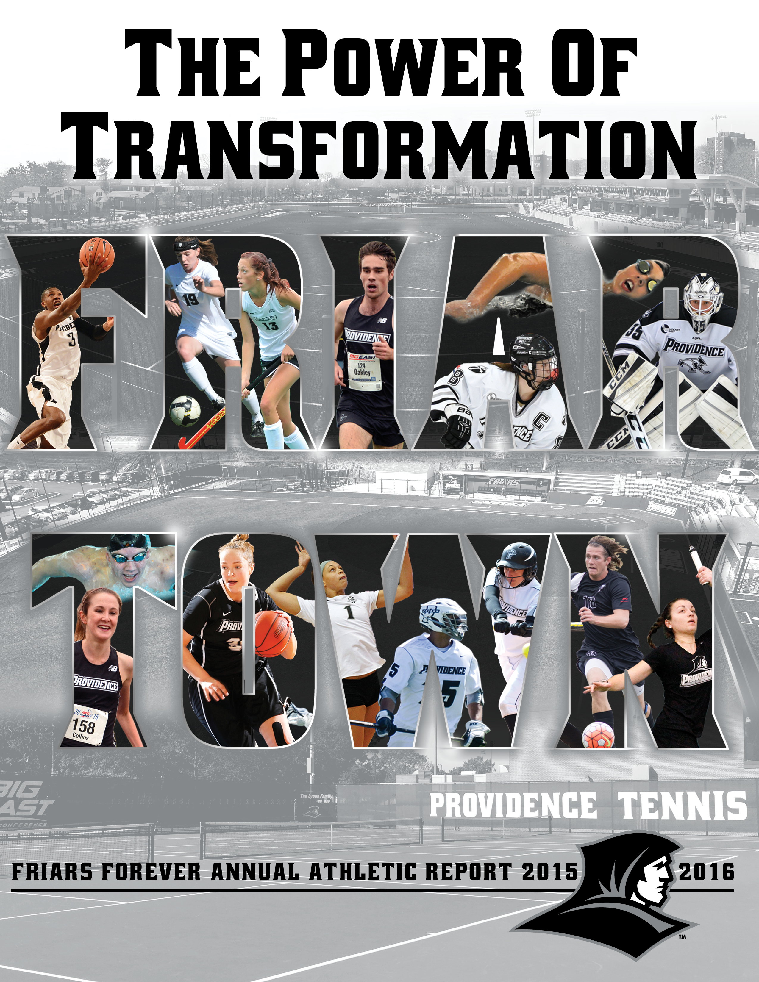 Front cover of annual athletics report from 2016 featuring Providence College athletes