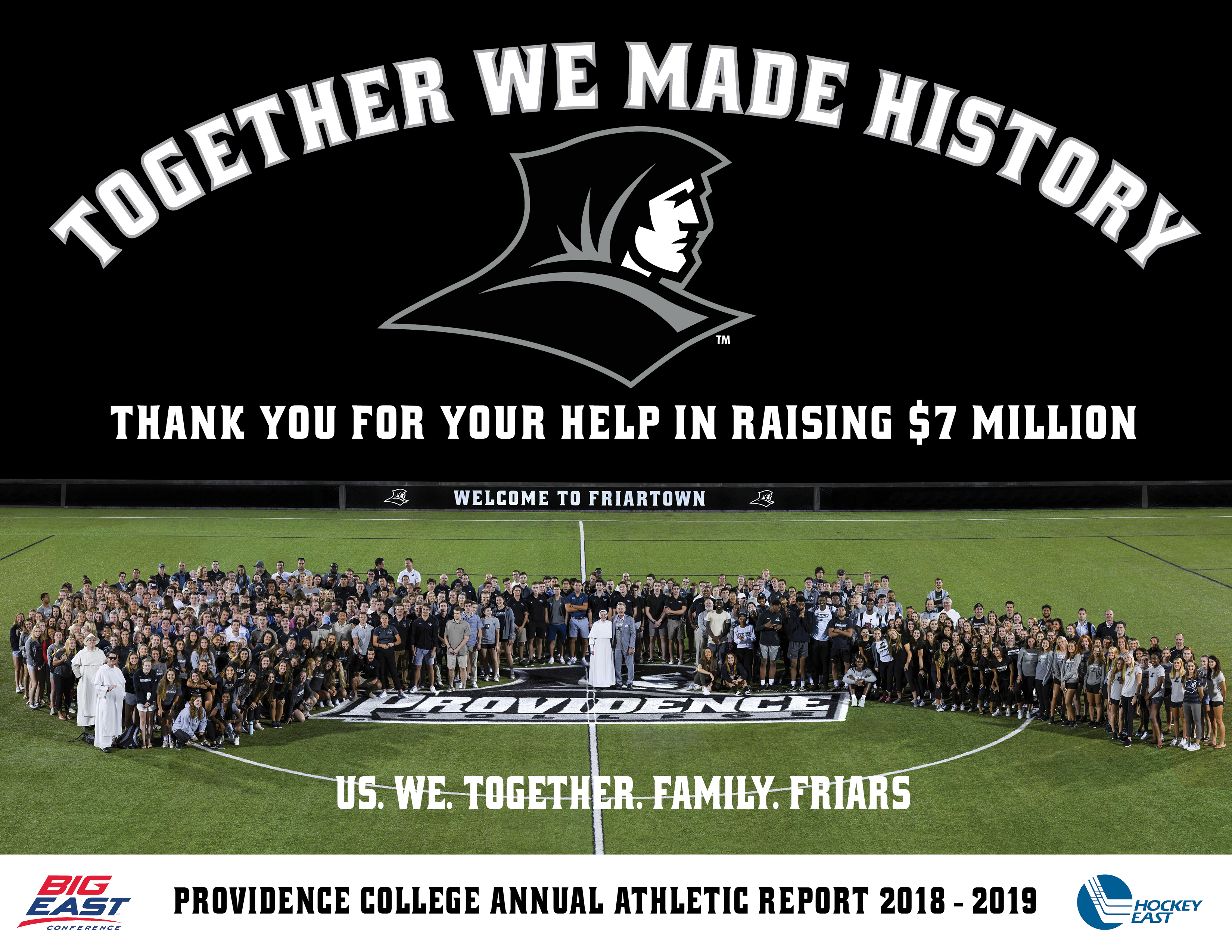 Front cover of annual athletics report from 2019 featuring Providence College athletes