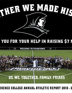 Front cover of annual athletics report from 2019 featuring Providence College athletes