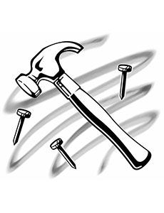 Black and white drawing of a hammer and nails