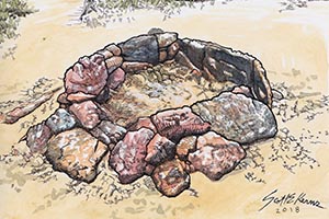 watercolor and ink drawing of a seaside campsite