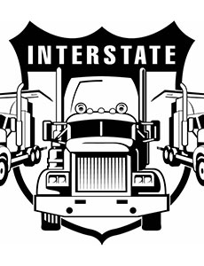 black and white illustration of three trucks in front of an interstate badge