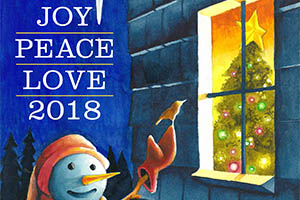 Christmas card featuring snow man and bird peeking into window
