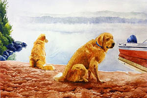 watercolor painting of dogs at the edge of a pond with a boat