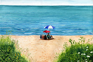 watercolor painting of 2 people at the beach with their dog