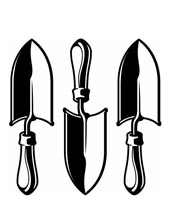 Black line drawing of three trowels in a row