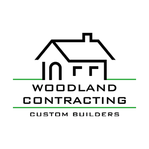logo design featuring stylized illustration of a house with text that reads Woodland Contracting Custom Builder