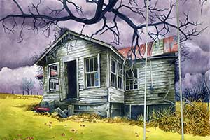 painting of abandoned home with rope swing in front yard