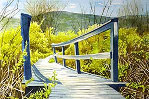 painting of foot bridge with mountains in the background