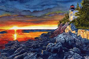 painting of a lighthouse at sunset