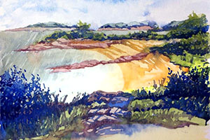 watercolor painting of a seaside landscape