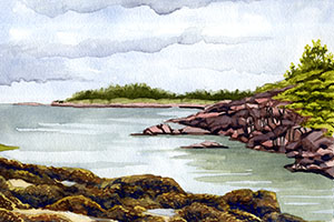 watercolor painting of a landscape looking out at the sea