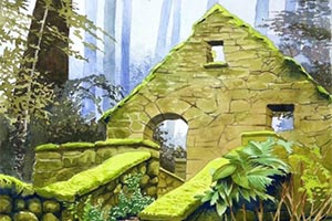 watercolor painting of a crumbling stone building in the woods