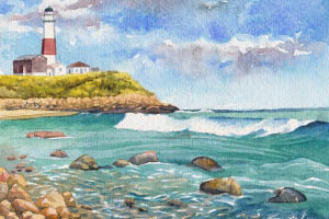 watercolor painting of a new england seascape featuring rolling surf and a lighthouse