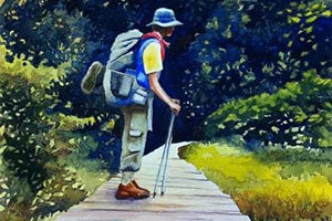 watercolor painting of a hiker crossing a foot bridge on the Appalachian trail