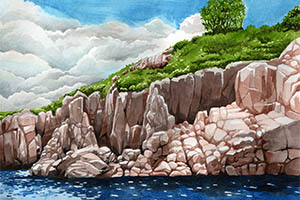 watercolor landscape painting of Osprey Point on Hermit Island in Maine