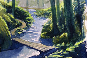 watercolor painting of a foot bridge that goes over a forest stream