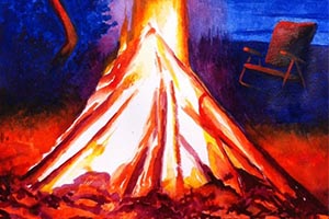 watercolor painting of a seaside campfire at night