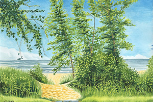 watercolor painting of a landscape with a sandy beach and water in the background