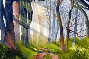 watercolor painting of a path in the woods with light streaming through the forest