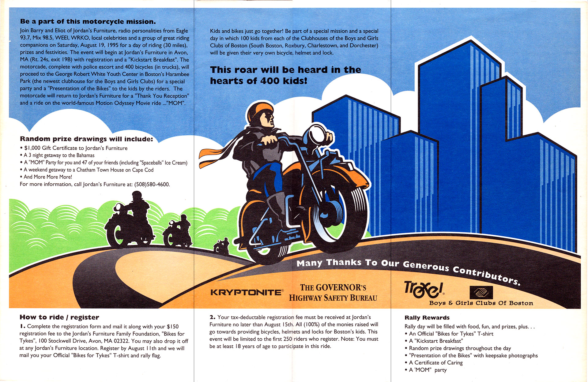 design for direct mail piece featuring illustration of motorcyclist in front of city skyline