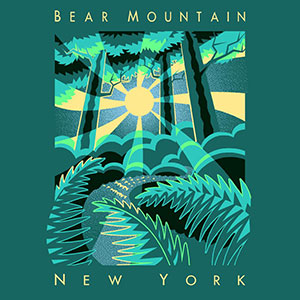 Screen print design featuring a stylized sunbeams in a forest