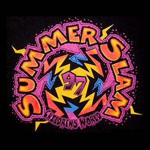 image of a printed tee shirt with stylized lettering that reads summer slam ninety seven