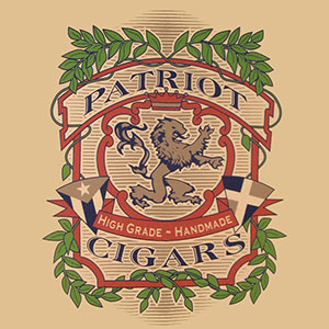 Stylized coat of arms featuring a lion and text that reads patriot cigars
