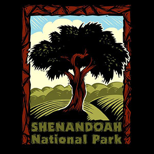 Screen printed design featuring a stylized illustration of a tree and text that reads Shenandoah National park