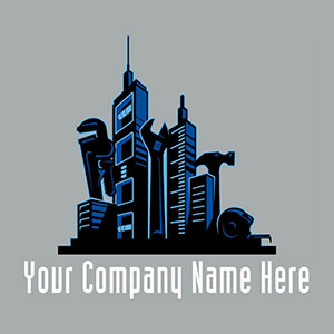 Screen print design featuring a city skyline composed with tradesmens tools