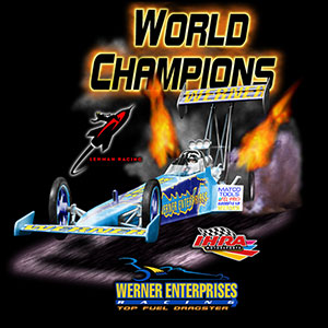 screen print design featuring a top fuel dragster with text that reads World Champion