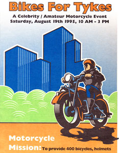 design for direct mail piece featuring illustration of motorcyclist in front of city skyline