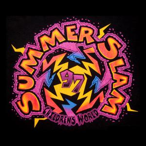 image of a printed tee shirt with stylized lettering that reads summer slam ninety seven